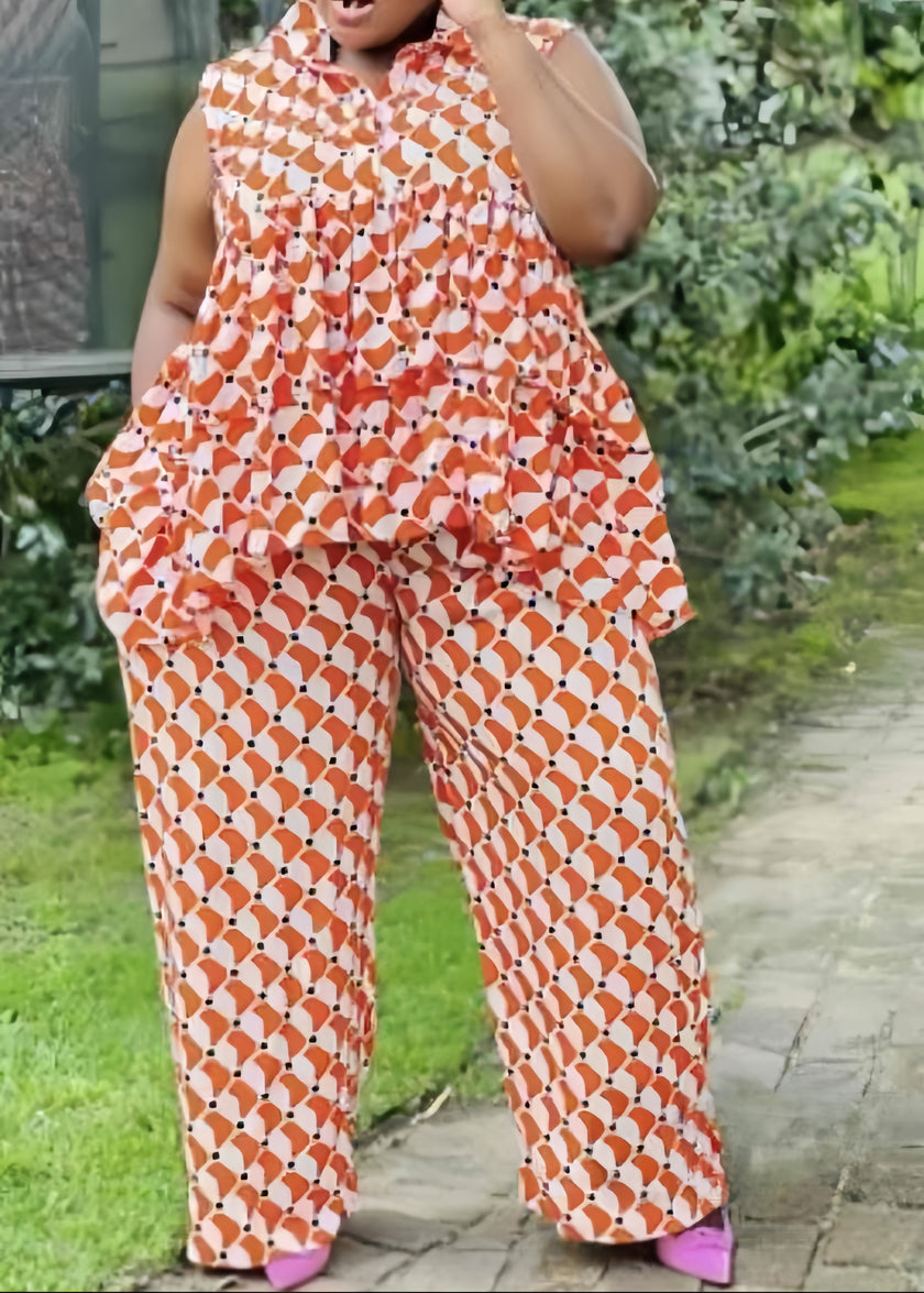 Geometric twin set printed sleeveless top with matching patterned wide-leg pants