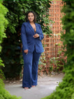 Women's Denim Suit: Deep V-Neck Blazer and High-Waisted Wide-Leg Pants