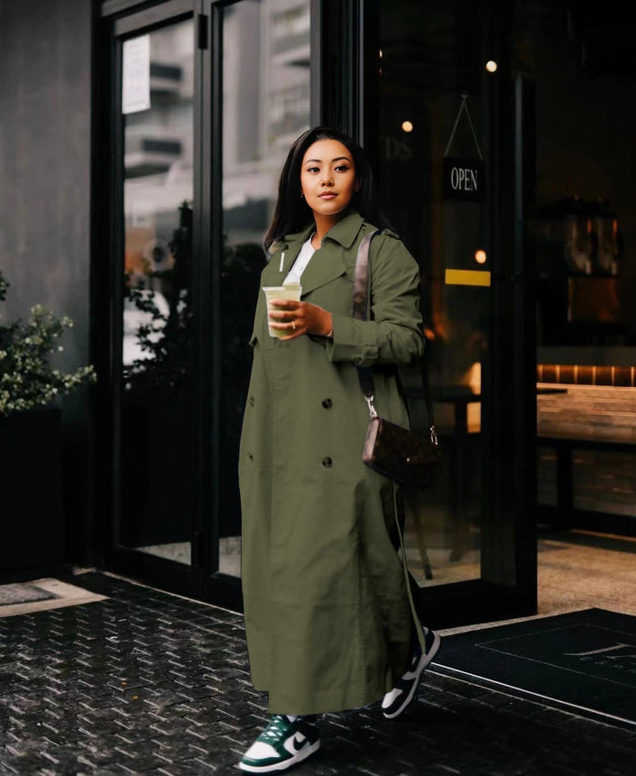 Olive-green double-breasted maxi coat, full front view with buttoned placket
