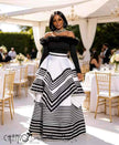Ethnic Maxi Gown Dress Off Shoulder Feather Trim Long Sleeve Tiered Asymmetric Skirt Stripe Geometric Motif For Wedding Ceremony Dinner