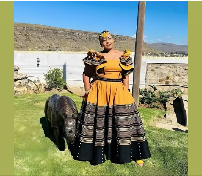 Ruffled Shoulder Traditional Dress with Horizontal Patterns