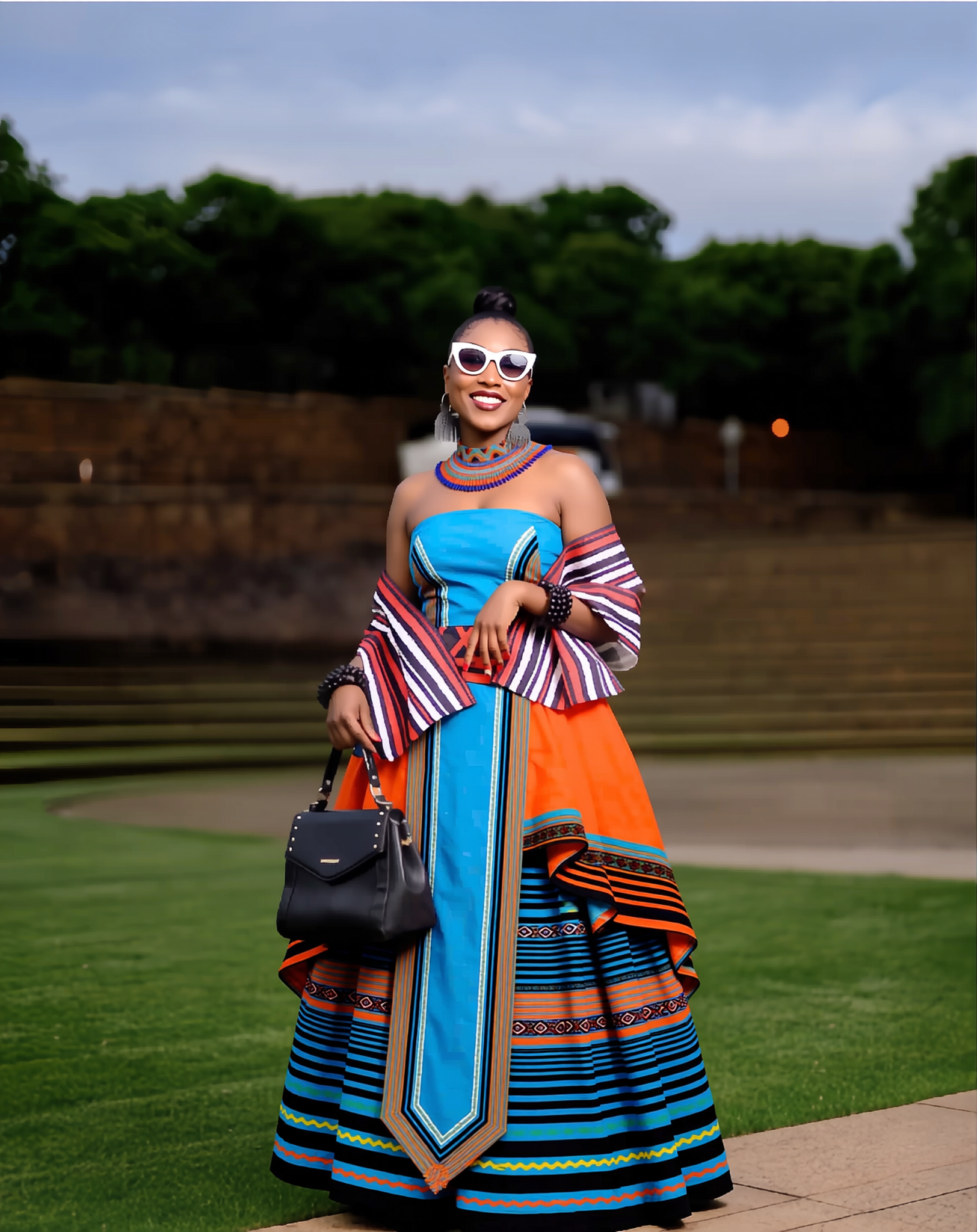 Women's vibrant patterned traditional African blue and orange maxi dress