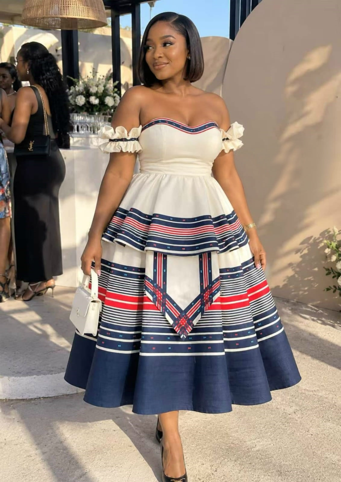 Women's off-the-shoulder cream navy red striped traditional midi dress
