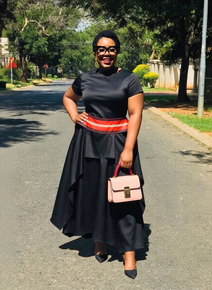 Black short-sleeve asymmetric maxi dress with a red contrast waist band