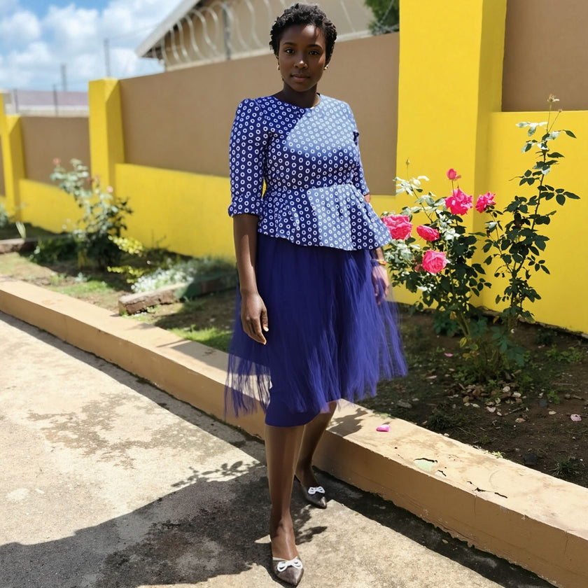 Blue polka dot mesh layered skirt with dark tulle underskirt, midi length
