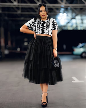 Two-piece crop top and tulle midi dress with black tulle skirt and patterned black/white top