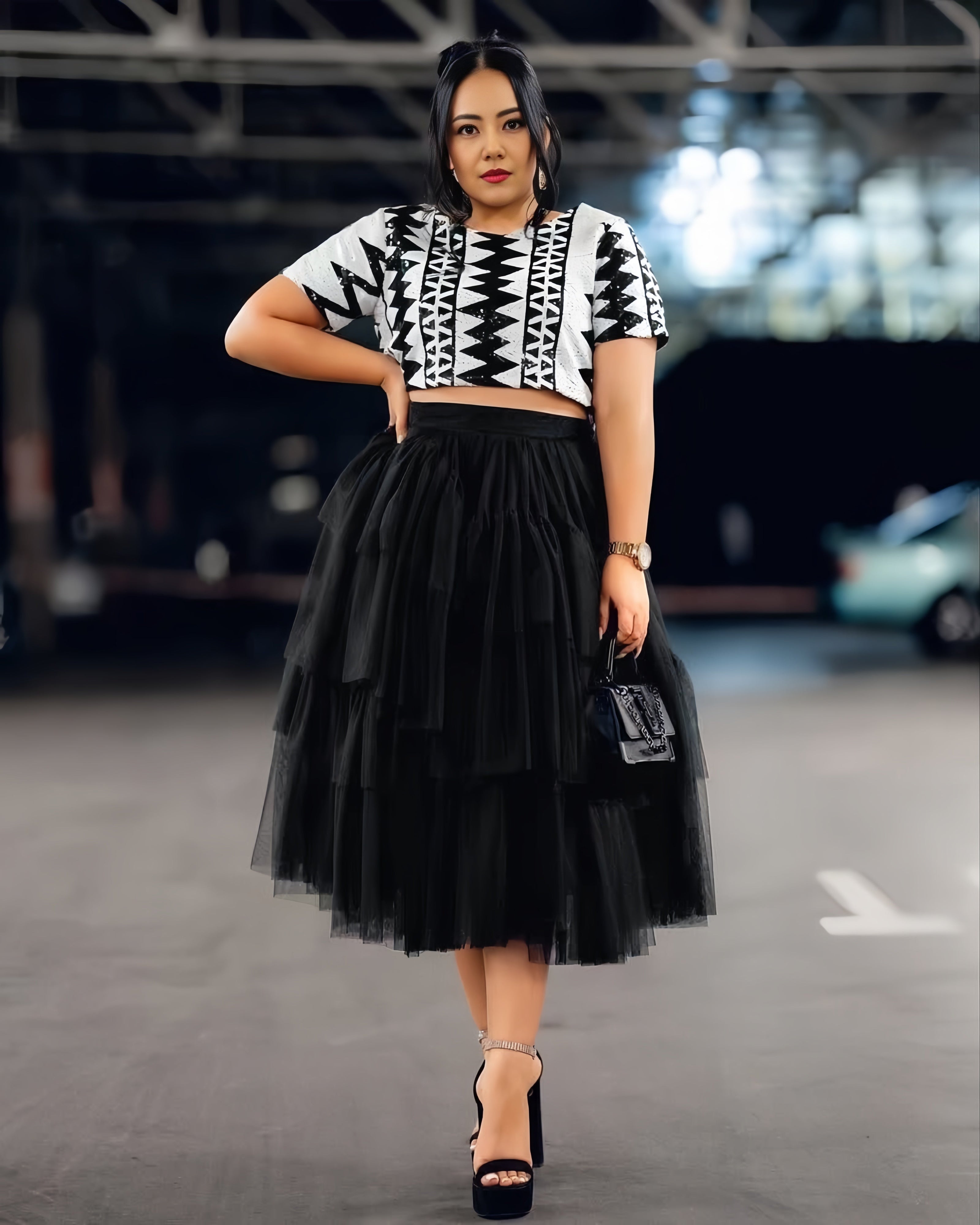 Cropped twin set dress: black/white geometric crop top with black tulle midi skirt