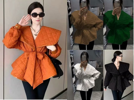 Belted puffy jacket set shown in orange, brown, green, white, and black