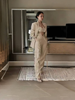 Beige two-piece blazer and high-waist tie cargo pants set, open blazer, waist tie detail