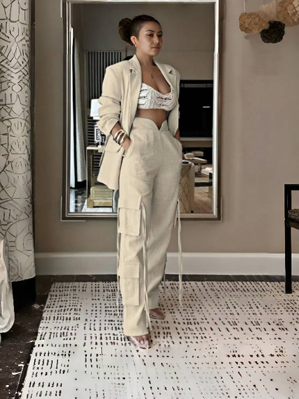 Fashion Two-Piece Set - Blazer and High-Waisted Tie Pants