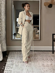 Beige two-piece blazer and high-waist tie cargo pants set, open blazer, long pockets
