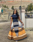 Maxi dress set with navy and mustard geometric African print, short sleeves