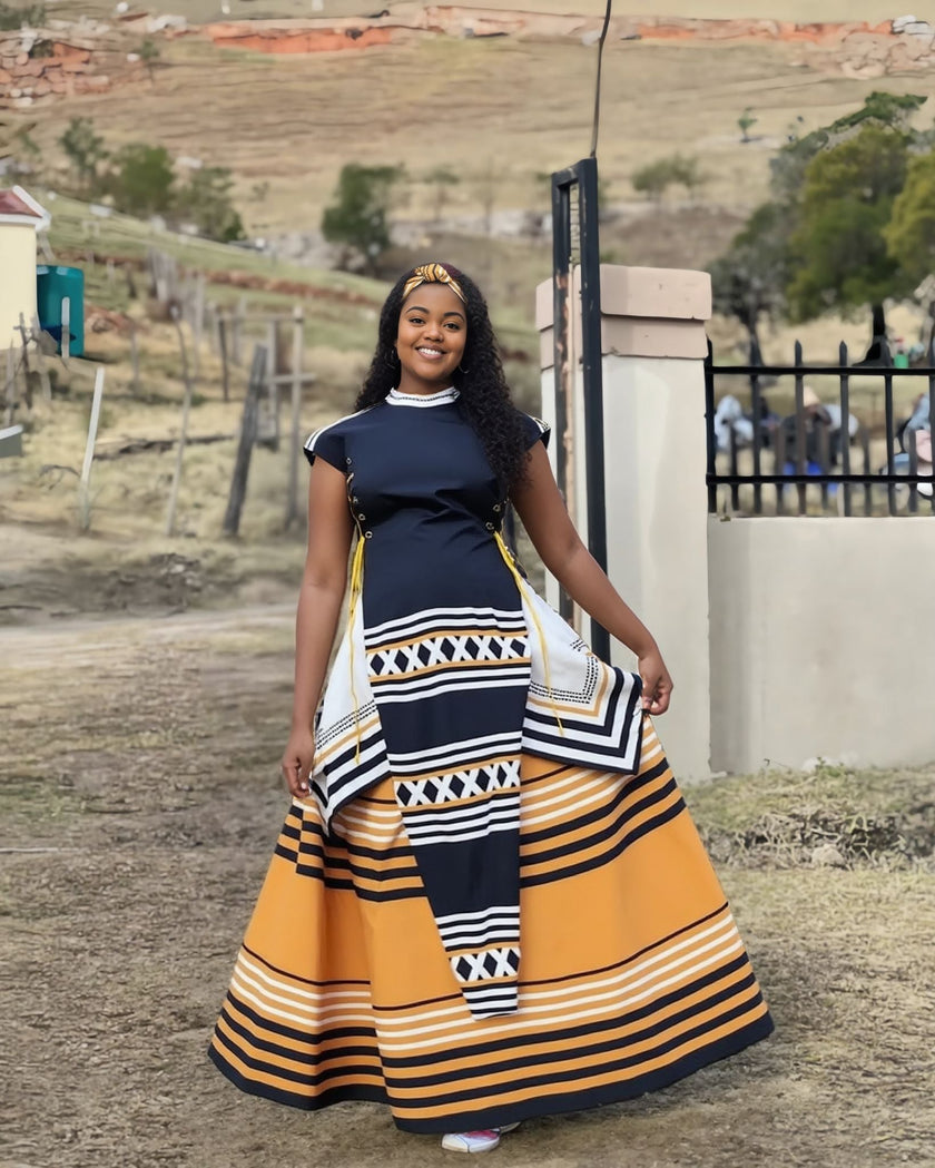 Maxi dress set with navy and mustard geometric African print, short sleeves