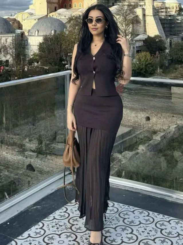 Dark maroon sleeveless vest with gold buttons and pleated midi skirt set