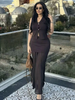 Dark maroon sleeveless vest with gold buttons and pleated midi skirt set
