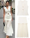 White sleeveless vest with gold buttons and pleated midi skirt set, front view