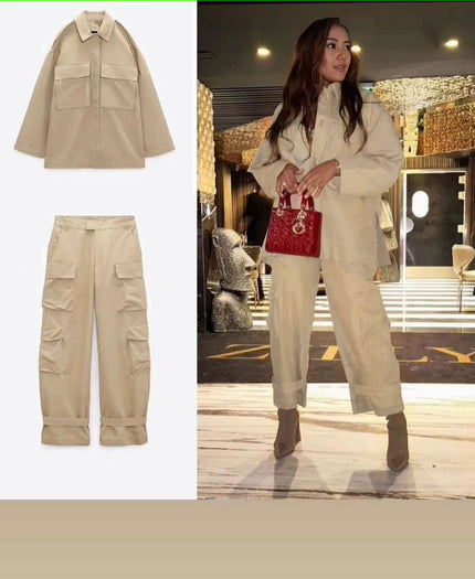 Beige relaxed-fit two-piece jacket and cargo pants set with button front