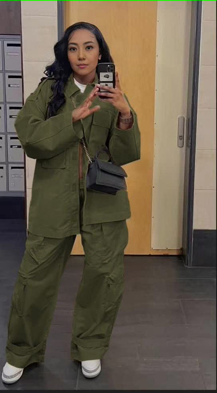 Dark-olive relaxed-fit two-piece jacket and cargo pants set with zip-front pockets