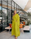 Wide-leg trouser set in green-yellow with long loose top and wide-leg pants