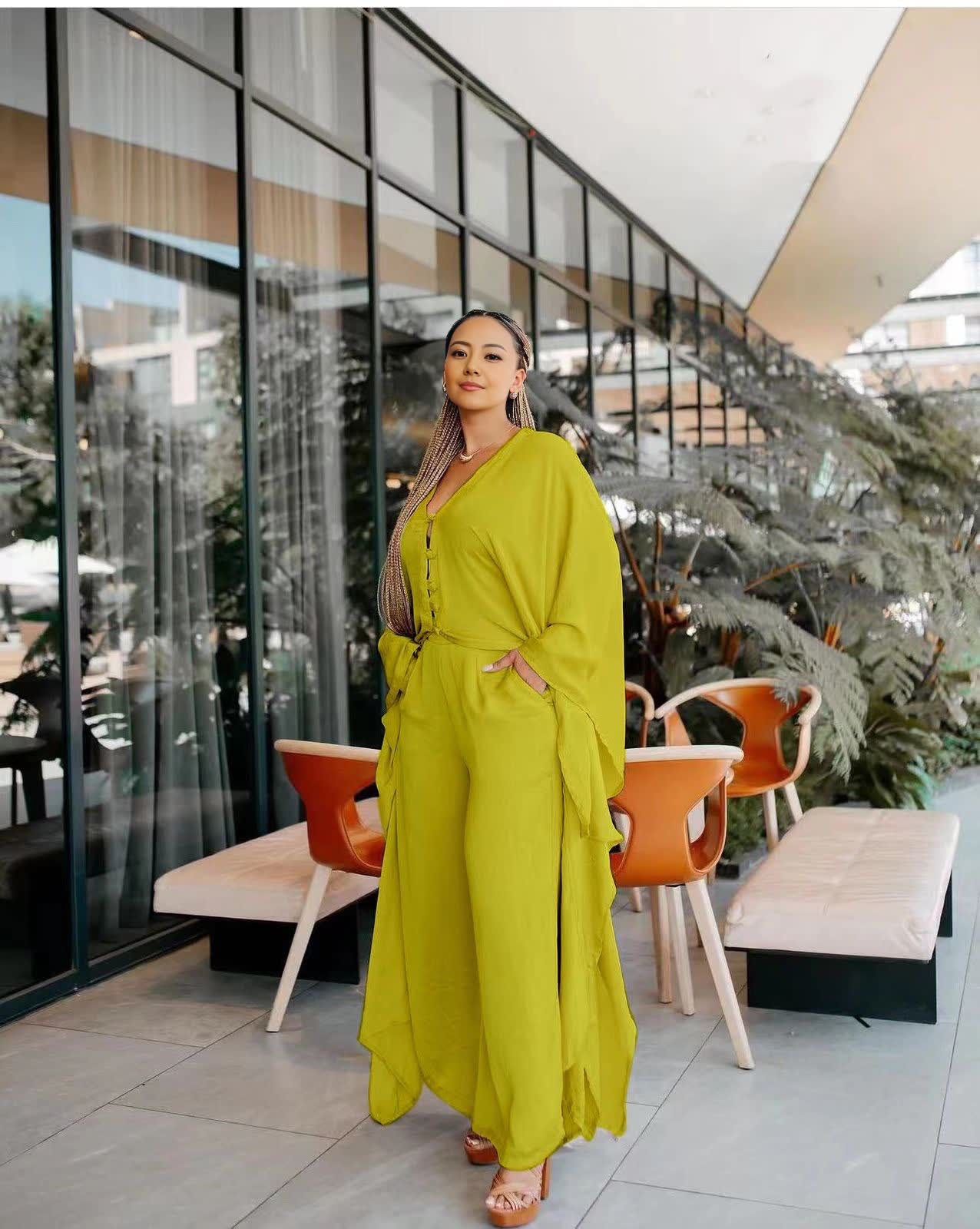 Wide-leg trouser set in green-yellow with long loose top and wide-leg pants