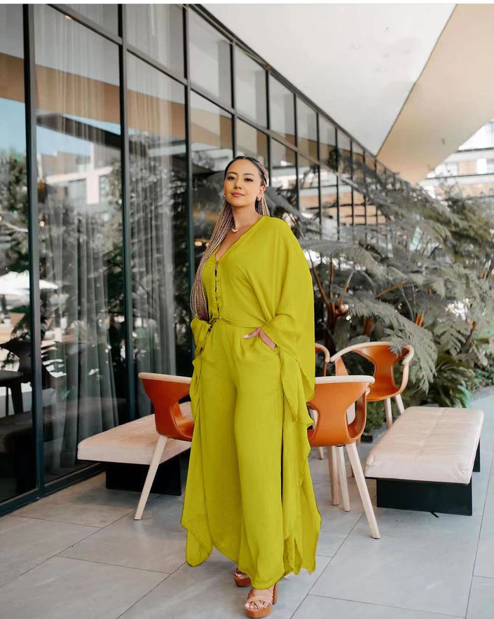 Wide-leg trouser set in green-yellow with long loose top and wide-leg pants