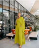 Wide-leg trouser set in green-yellow with long loose top and wide-leg pants
