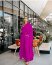 Wide-leg trouser set in purple with long loose top and wide-leg pants