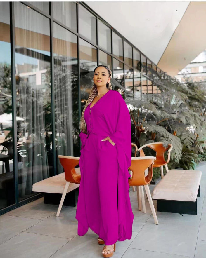 Wide-leg trouser set in purple with long loose top and wide-leg pants