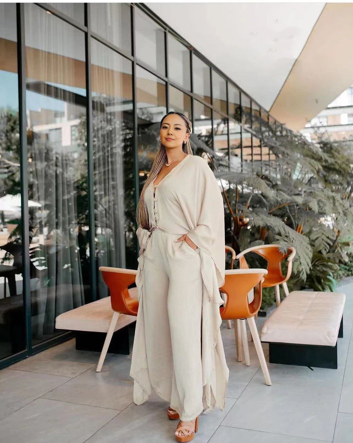 Wide-leg trouser set in beige with long loose top and wide-leg pants