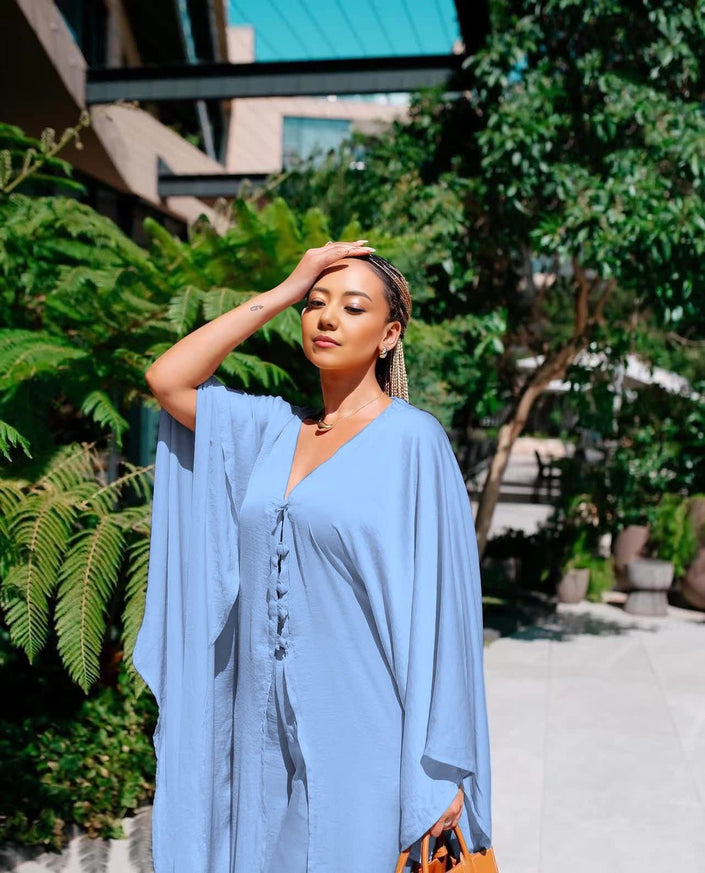 Wide-leg trouser set in sky-blue with long loose top and wide-leg pants