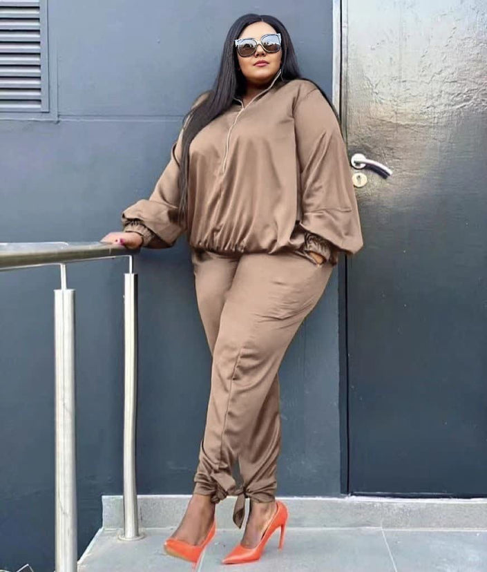 Two-piece stretch waist outfit in taupe: gathered waist top and jogger pants
