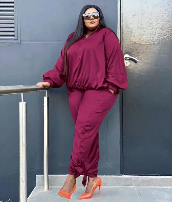 Two-piece stretch waist outfit in maroon: balloon sleeve top with jogger pants