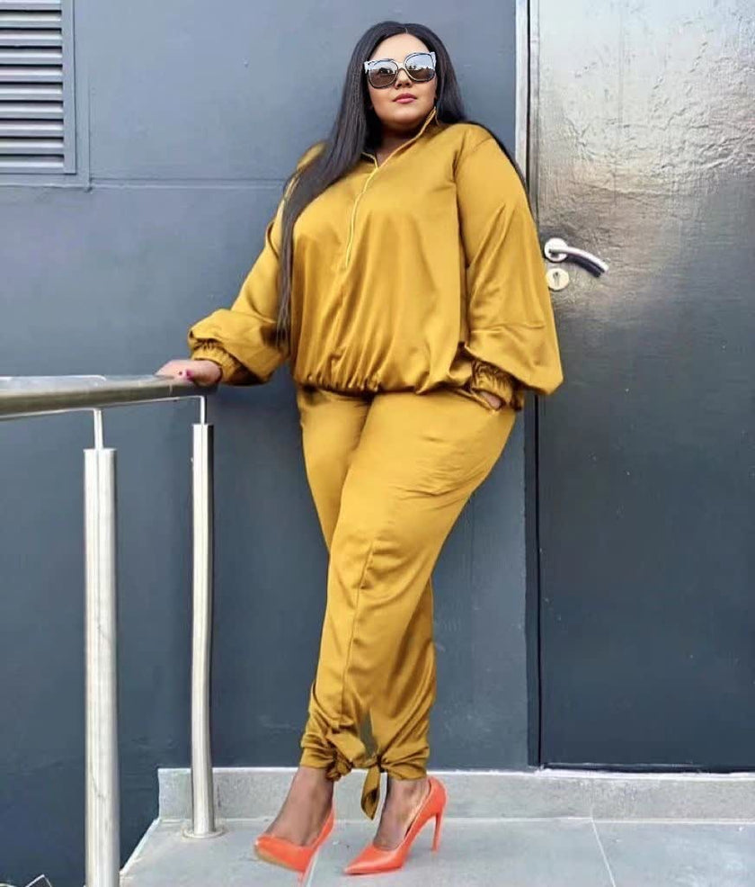 Gold 2-piece lounge set: draped blouse with elastic cuffs, matching jogger pants