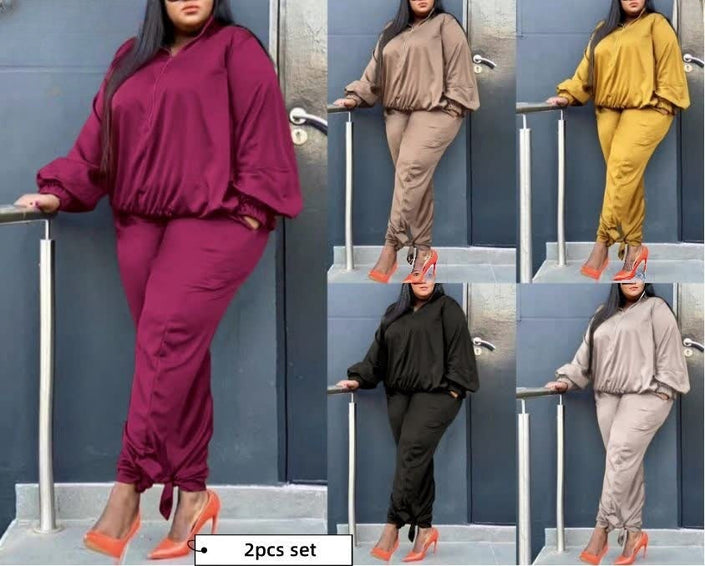 Two-piece stretch waist outfit set shown in multiple colors: tops and jogger pants