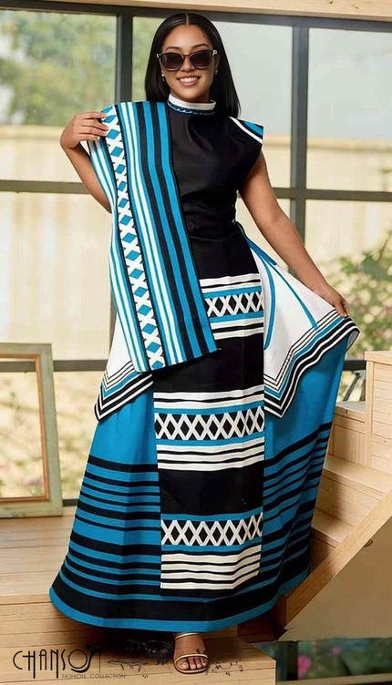Blue and black geometric print maxi dress with short sleeves and layered skirt