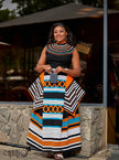Geometric print sleeveless maxi dress with orange, blue, black and white stripes