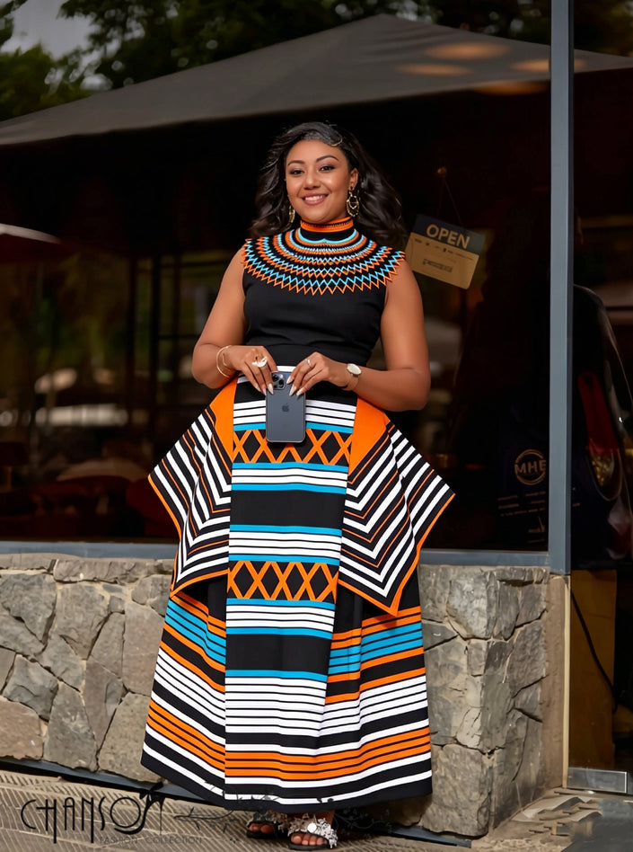 Geometric print sleeveless maxi dress with orange, blue, black and white stripes