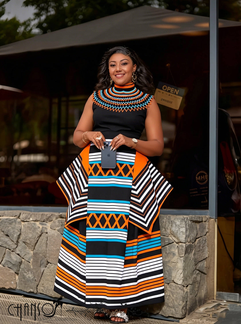 Geometric print sleeveless maxi dress with orange, blue, black and white stripes