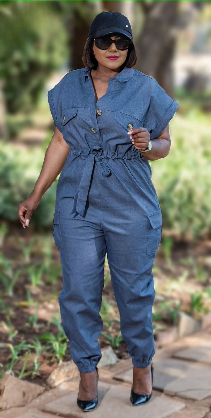 Blue button-front stretch-waist jumpsuit with drawstring waist and long pants