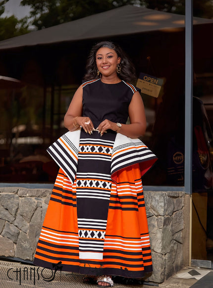 Sleeveless geometric maxi dress, black with orange striped bands