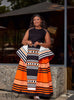 Sleeveless geometric maxi dress, black with orange striped bands