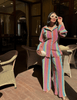 Women's Loose Rainbow Striped Long Sleeve Collared Top and Straight Leg Pants Two-Piece Set