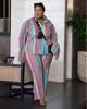 Women's Loose Rainbow Striped Long Sleeve Collared Top and Straight Leg Pants Two-Piece Set