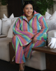 Women's Loose Rainbow Striped Long Sleeve Collared Top and Straight Leg Pants Two-Piece Set