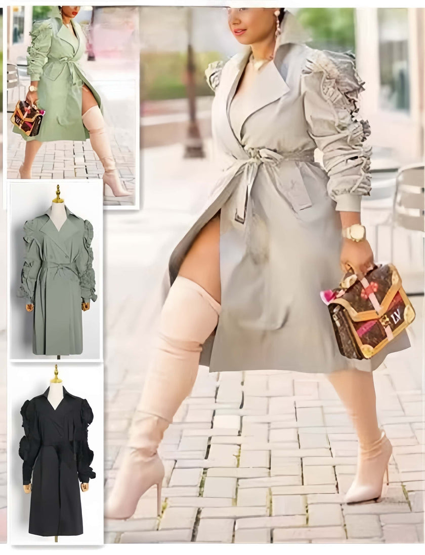 Beige belted trench coat with ruched puff sleeves and wrap tie waist