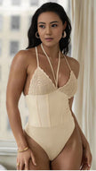 Halter Neck Knit Top & Ribbed Pencil Skirt Twin Set - Stripe Design