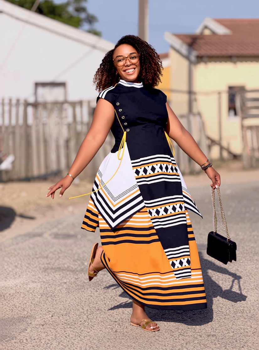Women’s long dress set with black bodice, cap sleeves, and orange striped graphic skirt