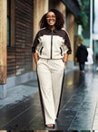 Beige and brown contrast color block casual two piece outfit set - view 2