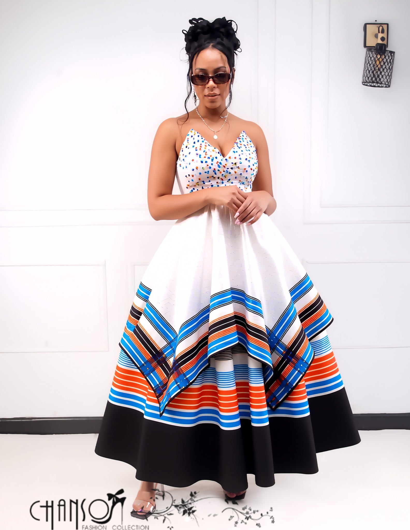 Strapless printed flared traditional maxi dress for women