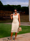 Women's sleeveless geometric cutout midi dress in brown and cream neutral shades - view 2